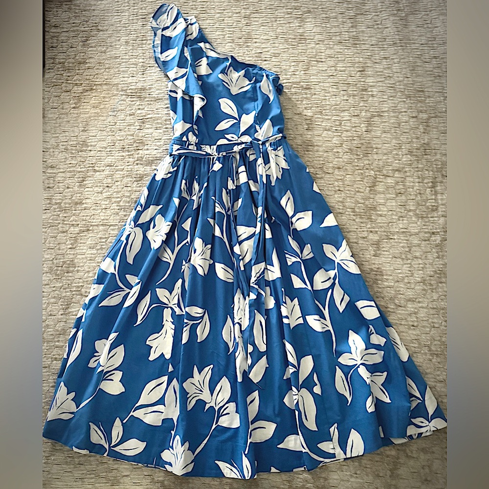 J.Crew One Sleeve Ruffle Midi Dress, blue & white, size 2